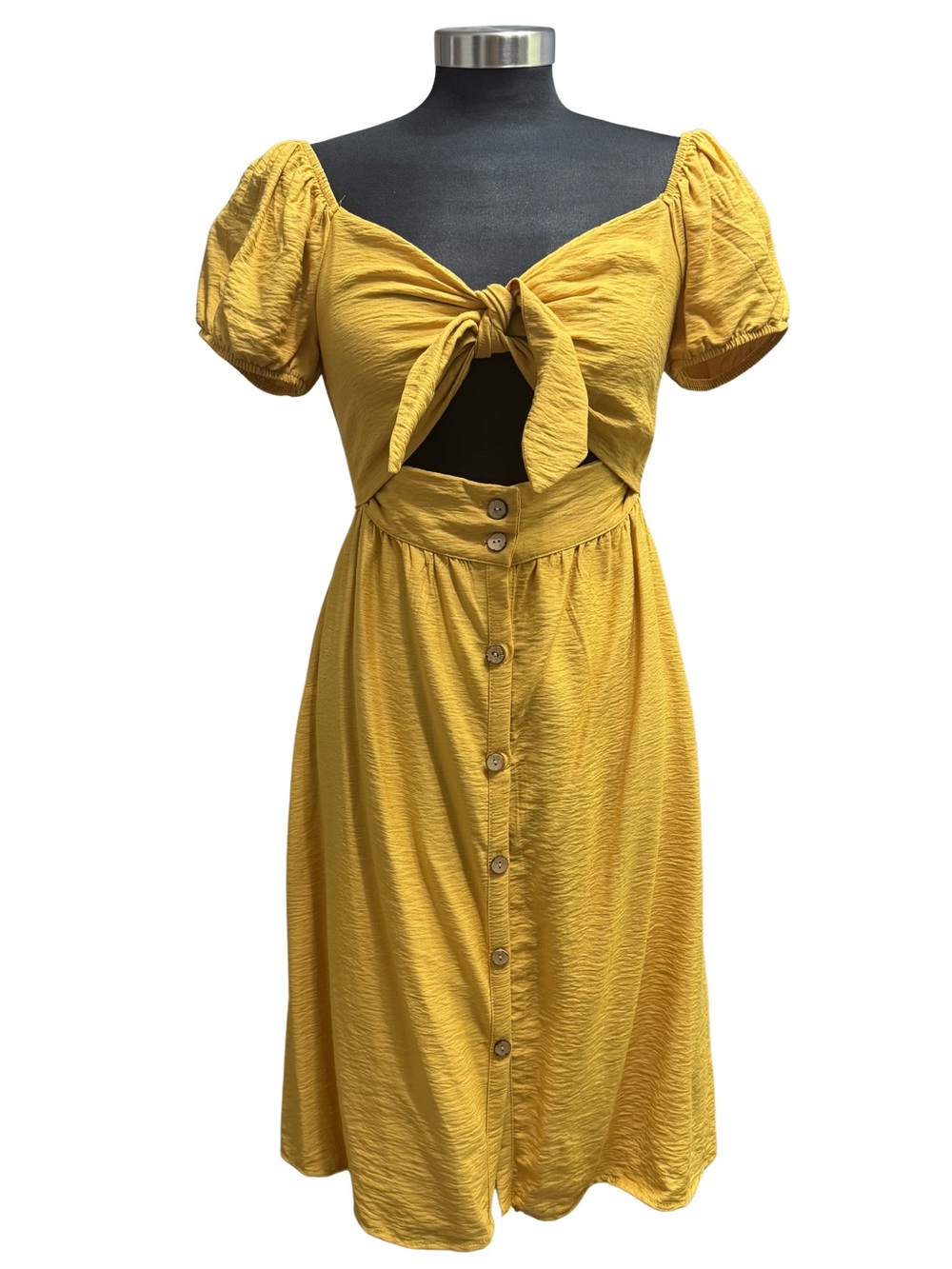 Mustard Yellow Tie Front Midi Dress Puff Sleeve Smocked Back Sz S